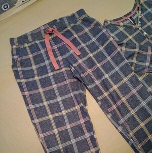 Cozy Plaid Pajama Set with Pink Accents